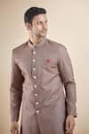 Aryavir Malhotra_Brown Terry Rayon Solid Stand Collar Sherwani With Peshawari Pant _Online_at_Aza_Fashions