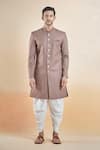 Shop_Aryavir Malhotra_Brown Terry Rayon Solid Stand Collar Sherwani With Peshawari Pant _Online_at_Aza_Fashions