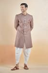 Aryavir Malhotra_Brown Terry Rayon Solid Stand Collar Sherwani With Peshawari Pant _at_Aza_Fashions