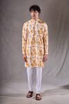 Aryavir Malhotra_Yellow Soft Cotton Print Tie Dye Swerve Bundi Kurta Set _Online_at_Aza_Fashions