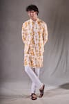 Aryavir Malhotra_Yellow Soft Cotton Print Tie Dye Swerve Bundi Kurta Set _at_Aza_Fashions