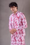 Aryavir Malhotra_Red Soft Cotton Print Tie Dye Swirl Bundi Kurta Set _Online_at_Aza_Fashions