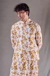 Aryavir Malhotra_Yellow Soft Cotton Print Tie Dye Splash Bundi Kurta Set _at_Aza_Fashions