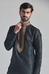 Arihant Rai Sinha_Black Silk, Brocade Embroidery Phool Placket Textured Kurta With Churidar _at_Aza_Fashions
