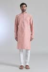 Buy_Arihant Rai Sinha_Peach Jacquard, Silk, Cotton Gulshan Woven Placket Kurta With Churidar _Online_at_Aza_Fashions