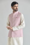 Aryavir Malhotra_Pink Banarasi Art Silk Print Trellis Tile Nehru Jacket Kurta Set _at_Aza_Fashions