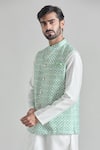 Aryavir Malhotra_Green Banarasi Art Silk Print Diamond Tile Nehru Jacket Kurta Set _at_Aza_Fashions