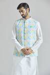 Buy_Aryavir Malhotra_Multi Color Art Silk Print Geometric Tile Nehru Jacket _at_Aza_Fashions