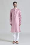 Arihant Rai Sinha_Pink Kurta And Pant Banarasi Art Silk Threadwork Placket Aligadhi Set _Online_at_Aza_Fashions