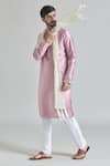 Shop_Arihant Rai Sinha_Pink Kurta And Pant Banarasi Art Silk Threadwork Placket Aligadhi Set _Online_at_Aza_Fashions