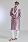 Shop_Arihant Rai Sinha_Pink Kurta And Pant Banarasi Art Silk Plain Buttoned Placket & Aligadi Set _Online_at_Aza_Fashions