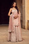 Buy_LASHKARAA_Peach Silk Embroidery Thread Scoop Neck Mughal Bloom Kurta Sharara Set _at_Aza_Fashions