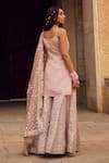 LASHKARAA_Peach Silk Embroidery Thread Scoop Neck Mughal Bloom Kurta Sharara Set _Online_at_Aza_Fashions