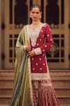 LASHKARAA_Maroon Crepe Embroidery Thread Split V Neck Florin Motif Kurta Gharara Set _at_Aza_Fashions