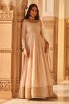 Buy_LASHKARAA_Beige Tissue Embroidery Thread Square Neck Celeste Bloom Gathered Anarkali Set _at_Aza_Fashions