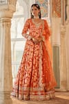 Buy_LASHKARAA_Orange Brocade Woven Blossom Sweetheart Neck Anarkali With Dupatta _at_Aza_Fashions