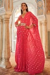 Buy_LASHKARAA_Pink Brocade Lining Satin Embroidery Thread V Neck Phoolista Woven Kaftan _at_Aza_Fashions