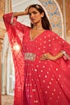 Shop_LASHKARAA_Pink Brocade Lining Satin Embroidery Thread V Neck Phoolista Woven Kaftan _Online_at_Aza_Fashions