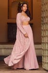 Buy_LASHKARAA_Pink Georgette Lining Satin Embroidery Thread Gardenia Cape And Sharara Set _at_Aza_Fashions