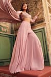 LASHKARAA_Pink Georgette Lining Satin Embroidery Thread Gardenia Cape And Sharara Set _at_Aza_Fashions