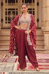 Buy_LASHKARAA_Maroon Satin Embroidery Thread Sweetheart Ambrosia Woven Cape And Dhoti Pant Set _at_Aza_Fashions