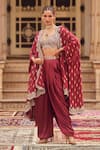 Buy_LASHKARAA_Maroon Satin Embroidery Thread Sweetheart Ambrosia Woven Cape And Dhoti Pant Set _Online_at_Aza_Fashions