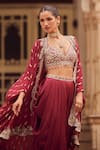 Shop_LASHKARAA_Maroon Satin Embroidery Thread Sweetheart Ambrosia Woven Cape And Dhoti Pant Set _Online_at_Aza_Fashions