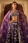 Buy_LASHKARAA_Purple Brocade Embroidery Thread Leaf Neck Mughal Gul Woven Lehenga Set _Online_at_Aza_Fashions