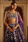 Shop_LASHKARAA_Purple Brocade Embroidery Thread Leaf Neck Mughal Gul Woven Lehenga Set _Online_at_Aza_Fashions