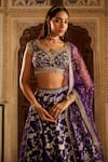 LASHKARAA_Purple Brocade Embroidery Thread Leaf Neck Mughal Gul Woven Lehenga Set _at_Aza_Fashions