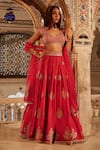 Buy_LASHKARAA_Red Blouse And Lehenga Silk Embroidery Thread Notched Zari Set _at_Aza_Fashions