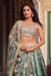 LASHKARAA_Green Blouse And Lehenga Organza Embroidery Thread Floral Panelled Set _at_Aza_Fashions