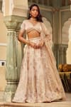 Buy_LASHKARAA_Beige Blouse And Lehenga Organza Embroidery Thread V Neck Zari & Sequin Work Set _at_Aza_Fashions