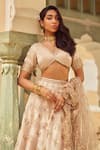 Shop_LASHKARAA_Beige Blouse And Lehenga Organza Embroidery Thread V Neck Zari & Sequin Work Set _Online_at_Aza_Fashions