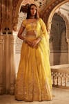 Buy_LASHKARAA_Yellow Blouse And Lehenga Viscose Organza Embroidery Thread Sweetheart Bead Set _at_Aza_Fashions