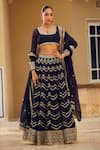 Buy_LASHKARAA_Blue Blouse And Lehenga Organza Embroidery Thread Square Neck Chevron Set _at_Aza_Fashions