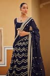 LASHKARAA_Blue Blouse And Lehenga Organza Embroidery Thread Square Neck Chevron Set _at_Aza_Fashions