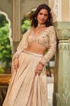 LASHKARAA_Beige Blouse And Lehenga Brocade Woven Hexagon Notched Set _at_Aza_Fashions