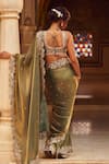 LASHKARAA_Green Saree Silk Embroidery Zari Leaf Neck Floral Cutwork Border With Blouse _Online_at_Aza_Fashions