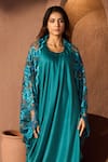 Buy_Tasuvure_Blue Satin Silk Round Dress With Chantilly Lace Cape _Online_at_Aza_Fashions