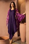 Shop_Tasuvure_Purple Satin Silk Round Slip Easy Dress With Floral Cape _Online_at_Aza_Fashions