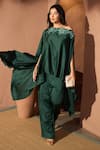 Shop_Tasuvure_Green Satin Silk Embroidered Sequin Boat Divine Work Cape And Pant Co-ord Set _at_Aza_Fashions