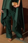 Tasuvure_Green Satin Silk Embroidered Sequin Boat Divine Work Cape And Pant Co-ord Set _Online_at_Aza_Fashions