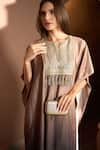 Buy_Tasuvure_Brown Satin Embroidery Pearl Notched Neck Kathryn Ombre Yoke Kaftan _Online_at_Aza_Fashions