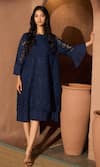 Buy_Tasuvure_Blue Cotton Lace Embroidery Floral Round Neck Myra Mesh Pearl Kaleidoscope Dress _at_Aza_Fashions