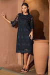 Shop_Tasuvure_Blue Cotton Lace Embroidery Floral Round Neck Myra Mesh Cassia Dress _at_Aza_Fashions