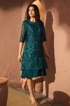 Buy_Tasuvure_Green Cotton Lace Embroidery Chantilly Round Neck Myra Mesh Dress _Online_at_Aza_Fashions