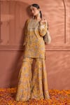 Tasuvure Indes_Yellow Georgette Embroidered Paisley Notched Round Elizey Kurta With Sharara _at_Aza_Fashions