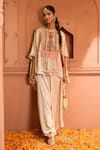 Buy_Tasuvure Indes_Cream Satin Silk Embroidered Thread Kiri Patch Work Kaftan With Flared Pant _at_Aza_Fashions