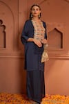 Buy_Tasuvure Indes_Blue Satin Silk Embroidered Thread Round Kiri Yoke Kaftan With Flared Pant _at_Aza_Fashions